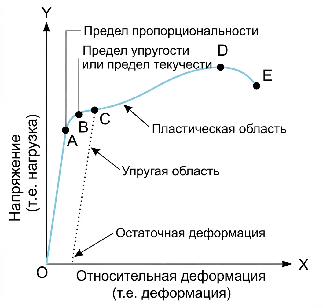 график «напряжение/деформация» для стали — точки O, A, B, C, D, E