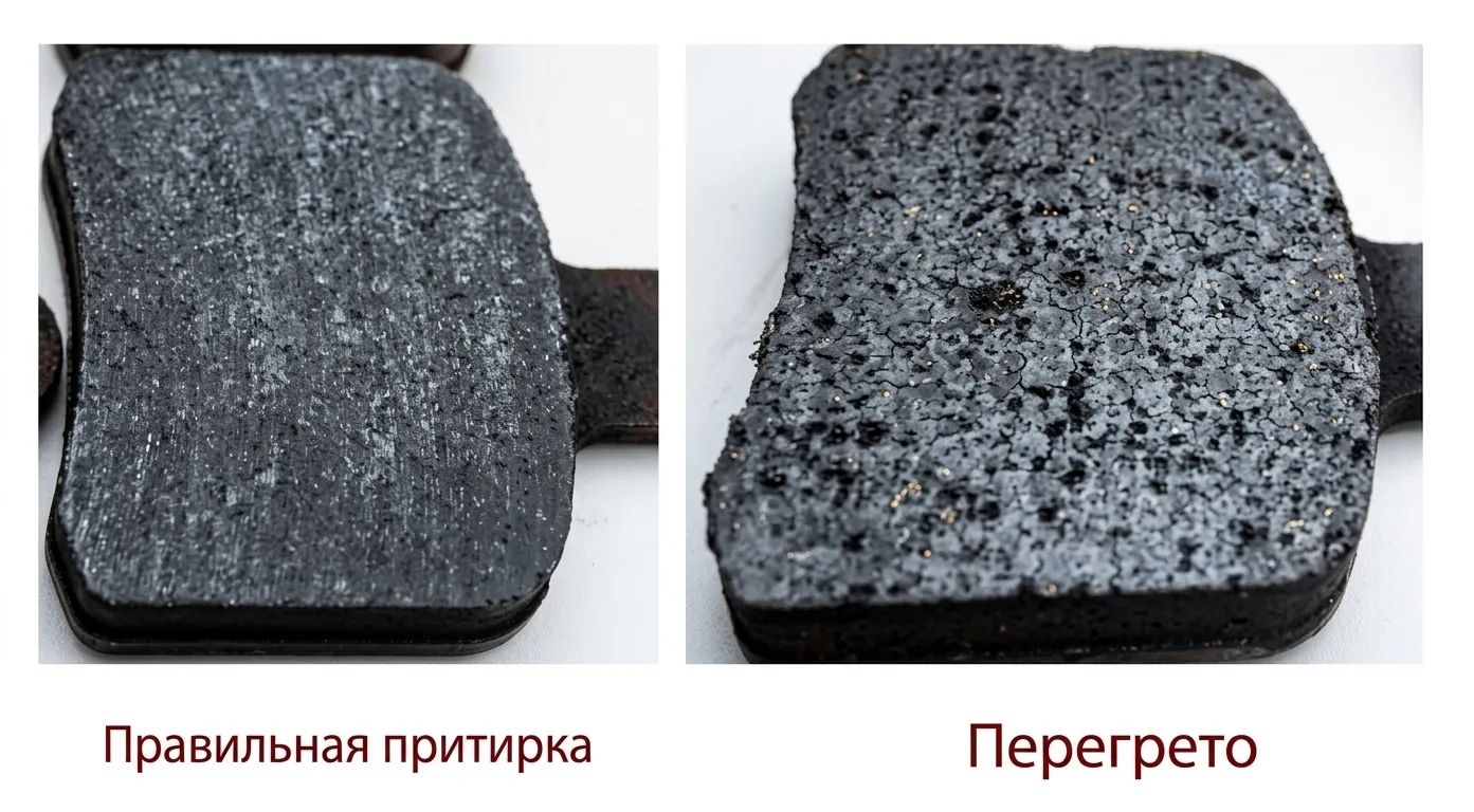 сравнение правильно обкатанной колодки и перегретой колодки с питтингом/остеклованием